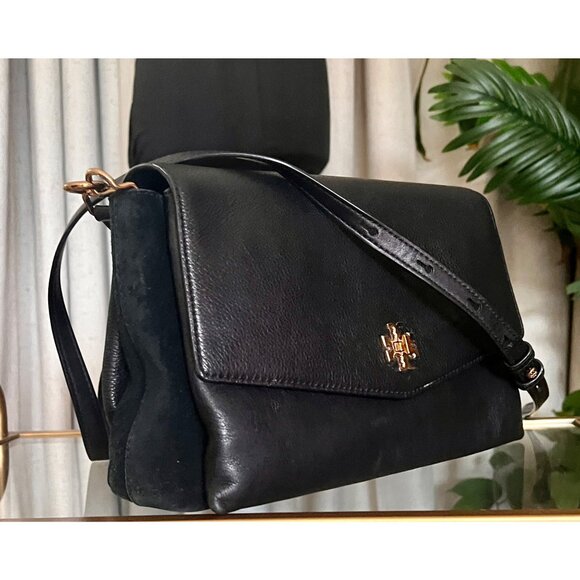 Tory Burch Black Leather and Suede Kira Handbag With Gold Logo Accents & Adjusta - Picture 10 of 13